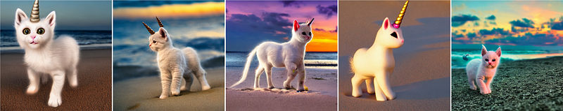 Images Produces by Stable Diffusion without FreeU of: “unicorn kitten on the beach, high definition photo at dusk”