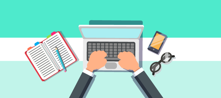 Illustration of hands typing on a laptop keyboard. Beside the laptop there are glasses, phone and an organizer.