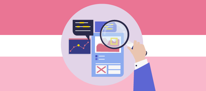Illustration of a hand holding a magnifying glass over data, with a pink background