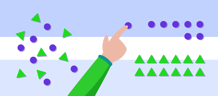 Illustration of a hand sorting green triangles and blue circles and neatly arranging them