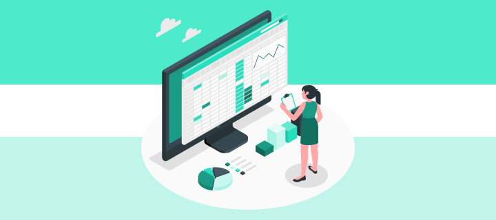 Turquoise illustration of a business woman looking at a computer monitor which displays a spreadsheet full of data